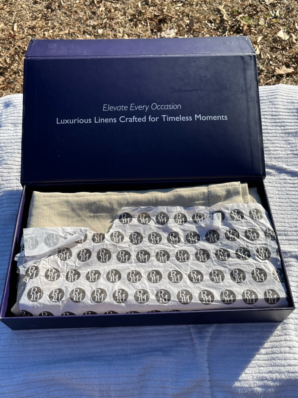 Refined Manor Linen tablecloth 100% linen beige tan cream in storage box